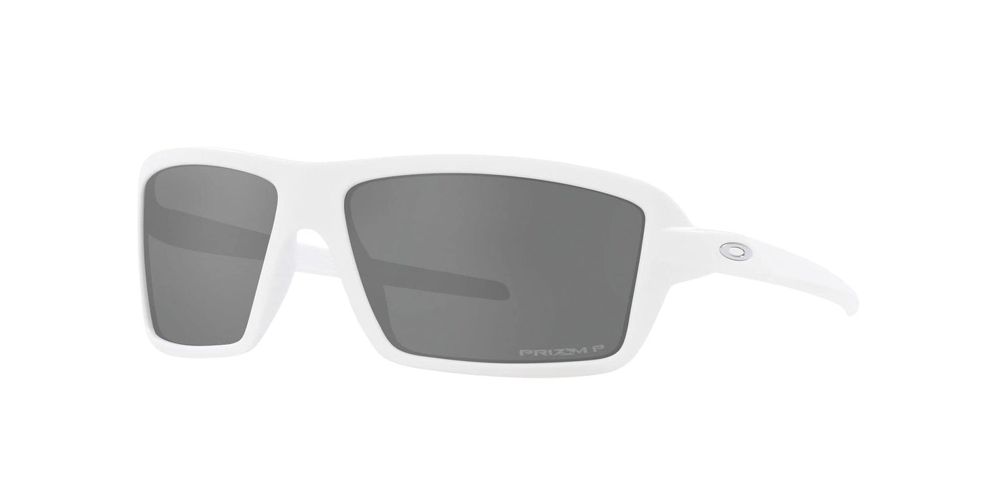 Oakley Men's OO9129 Cables Rectangular Sunglasses, Matte White/Prizm Black Polarized, 63 mm