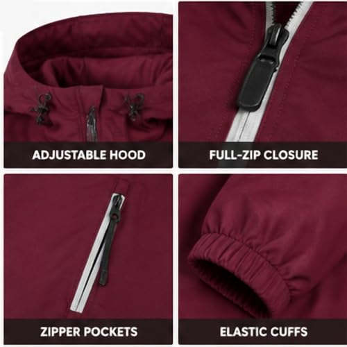 Reebok Women's Waterproof Rain Jacket with Hood - Lightweight Windbreaker, Medium / Maroon