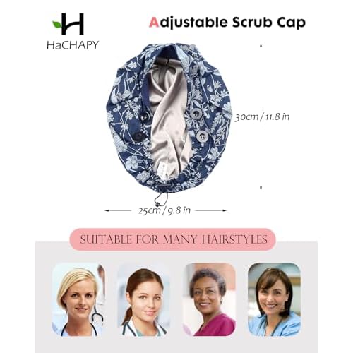 Satin Lined Bouffant Scrub Nurse Cap with 4 Buttons and Sweatband Adjustable