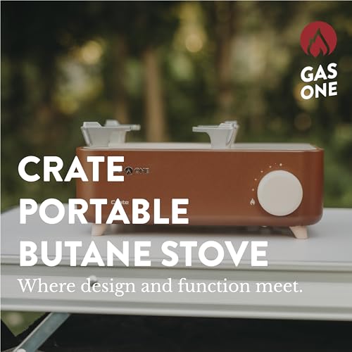 Gas One Butane Fuel Camp Stove – Crate Series - Mini Stove for Camping, Hiking – Portable Gas Stove with Spiral Flame – Even Heat Distribution – Modern and Easy to Use (Brown)