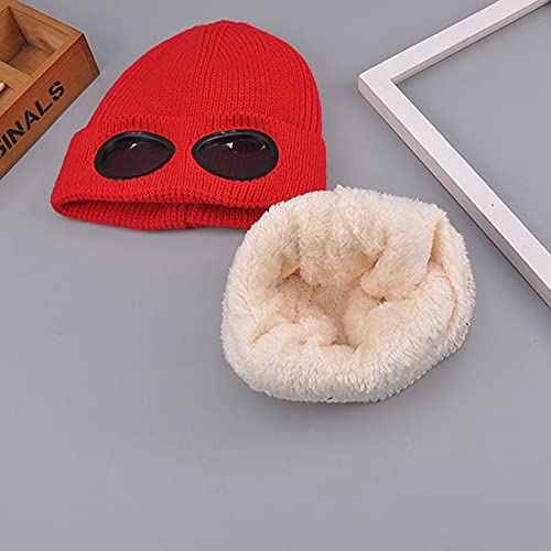 Unisex Knitted Goggles Beanie - Winter Stylish Skull Warm Cap, Outdoor Sports Fashion Fleece Lining Stretchy Hat