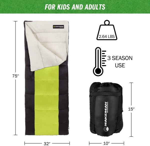 Sleeping Bag - 3 Season Warm and Cool Weather Sleeping Bags for Adults, Teens, and Kids - Lightweight Compact Spring Summer Fall Camping Sleeping Bag - Camping Essentials by Wakeman (Neon Green)