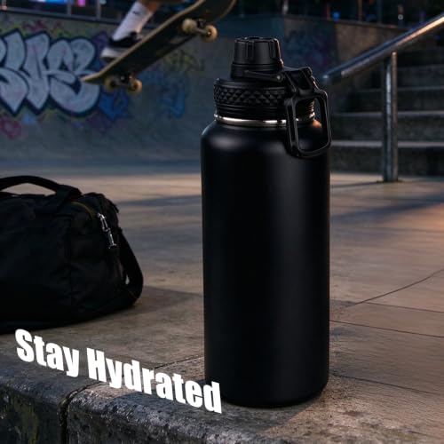 32 Oz Insulated Water Bottle with Sleeve & Strap - All Black, Sports & Hiking