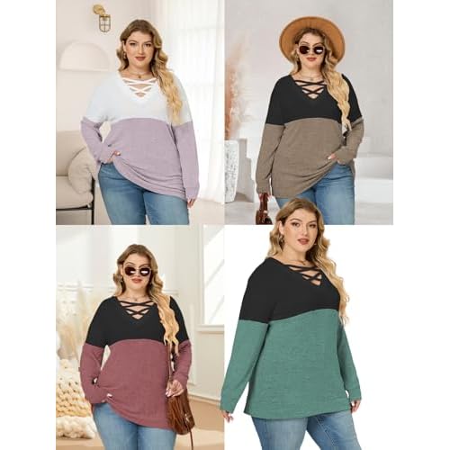 ROSRISS Womens Plus-Size Sweatshirts Casual Color Block Long Sleeve Tops Oversized Trendy Criss Cross V Neck Shirts XL-5XL