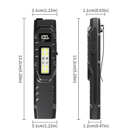 EDC Tactical Flashlight DT007, Compact 7 Mode Pocket LED Flashlight - 1500LM, USB-C Rechargeable Digital Display, IPX5 with Side Light and Clip for Everyday Carry Travel (1, Black)