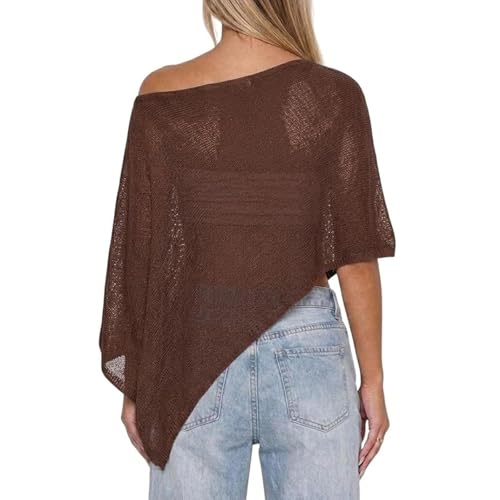 Women Sheer Poncho Top Lightweight Knit Crochet Shrug Cover Up Small Brown