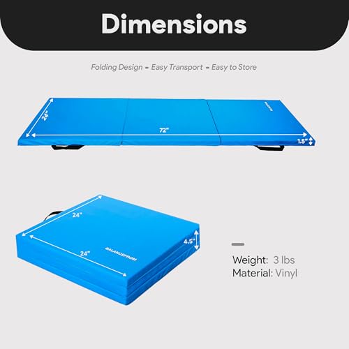 Blue 6ft x 2ft 3-Panel Folding Gymnastics Mat - 1.5 Inch Thick Exercise Pad