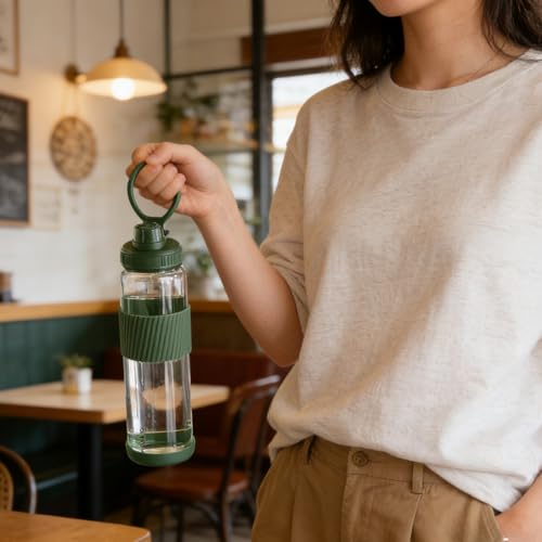 Military Green Borosilicate Glass Water Bottle 32 oz with 2 Lids & Straw