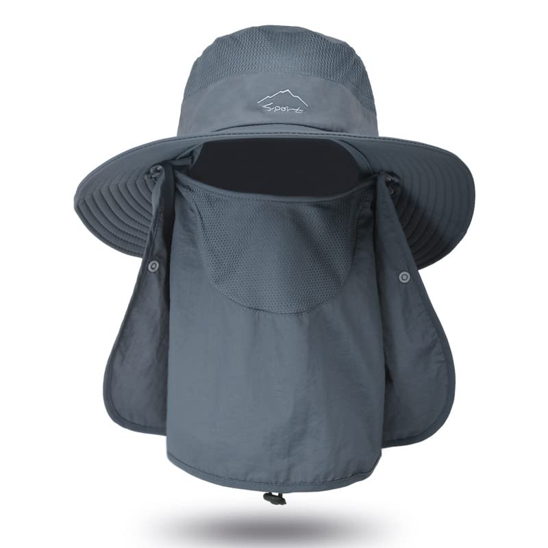 Fishing Hat for Men, Outdoor 3 in 1 Sun Hat Summer Wide Brim Safari Hat Boonie Hat with Neck Flap Dark Grey