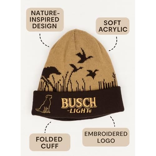Calhoun Busch Light Hunting Beanie ? Warm Knit Winter Hat with Dog & Duck Design for Outdoor Enthusiasts Brown