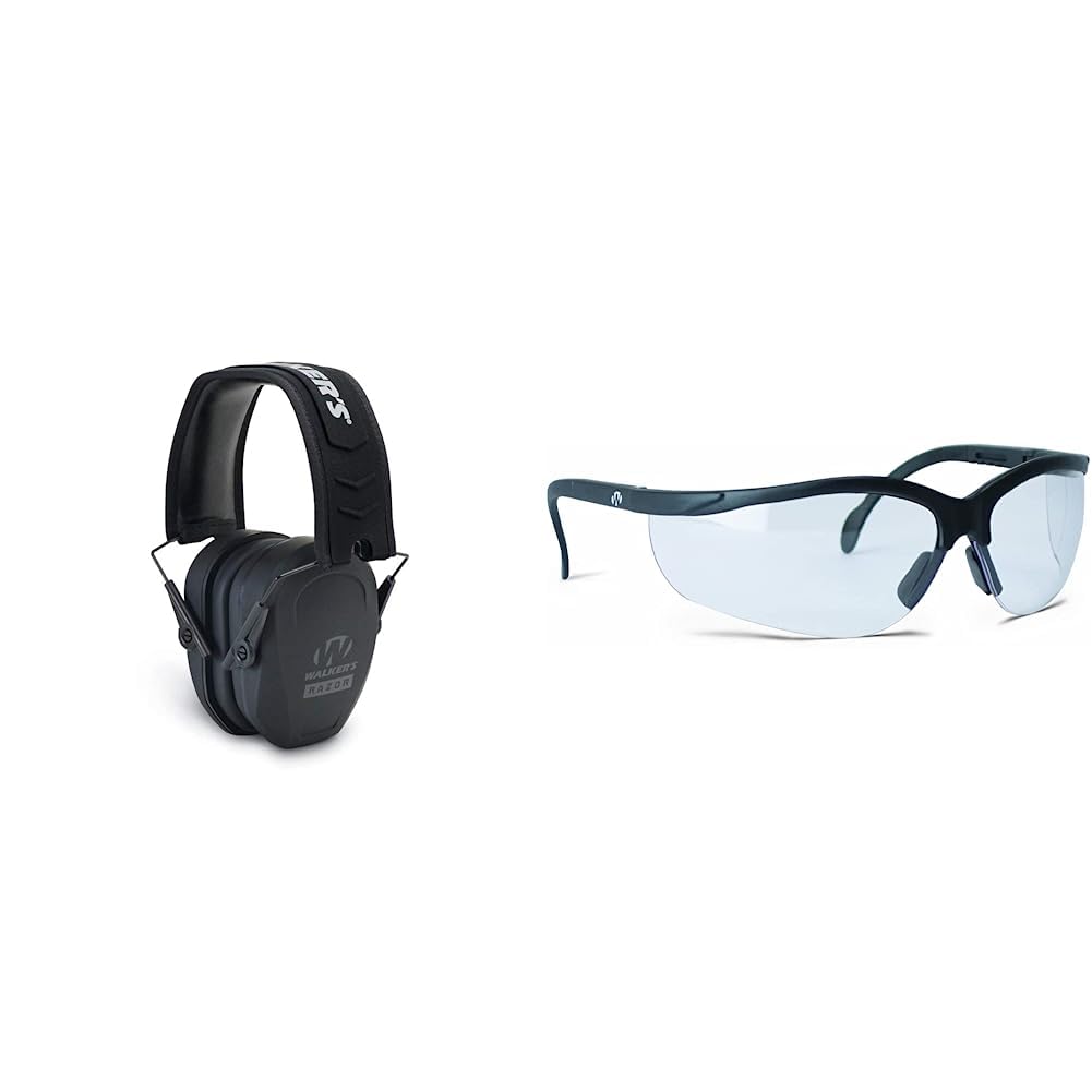Walker's Razor Slim Passive Earmuff - Ultra Low-Profile Earcups - Black & Sport High-Grade Polycarbonate Lenses Half Frame Soft Rubber Nose Piece Adjustable Safety Shooting Glasses, Clear