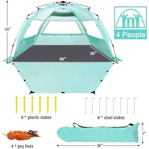 WhiteFang Deluxe Pop Up Beach Tent Sun Shade Shelter for 3-4/5-6 Person, UV Protection, Extendable Floor with 3 Ventilating Windows Plus Carrying Bag, Stakes, and Guy Lines