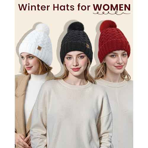 Trifabricy Womens Winter Hat Knit Crossed Cap Beanie Hats for Women Soft Warm Lined with Faxu Fur Pom Poms for Cold Weather