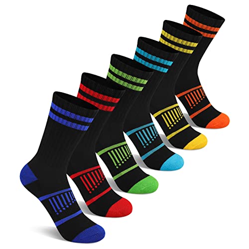 Comfoex Boys Crew Socks - Athletic Half Cushioned Calf Socks for 7-10 Years, Black - 6 Pairs