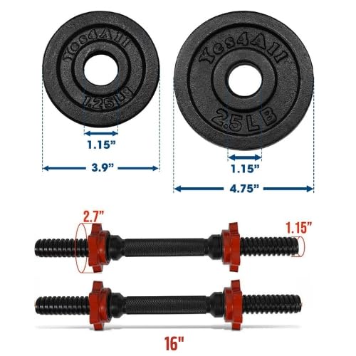 Bundle of Yes4All 1.15-inch Cast Iron Weight Plates Set for Dumbbells + Dumbbell Handle Bar 1.15-inch for Strength Training, Full Body Workout & Muscle Building
