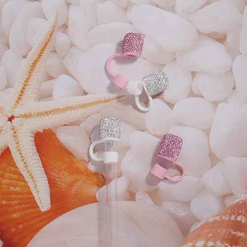 Bling Rhinestones Straw Cover Set - 4 Pack Straws Cap for Stanley 30&40oz Tumblers, Includes Pink & Silver, Silicone Straw Toppers for Water Bottle Accessories