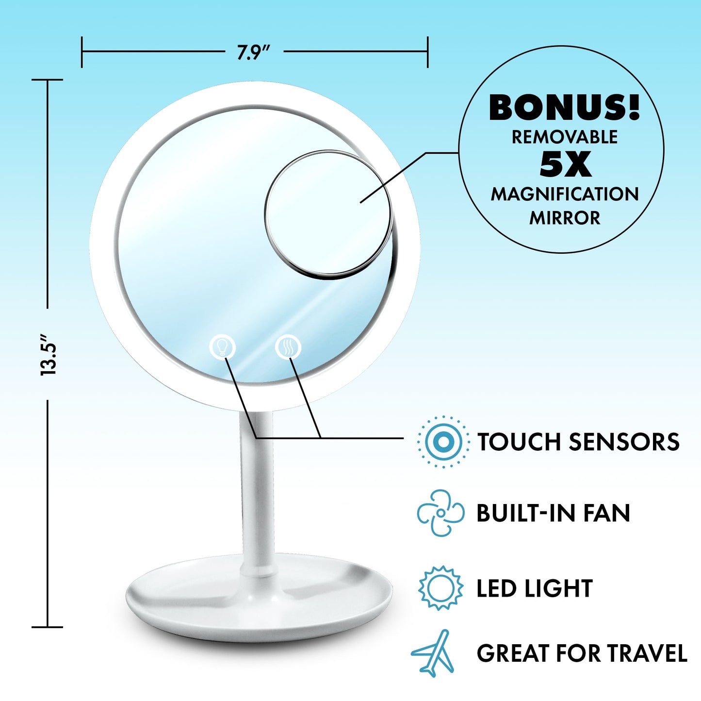 LED Lighted Makeup & Shaving Mirror | 5X Magnification | Built-In Fan