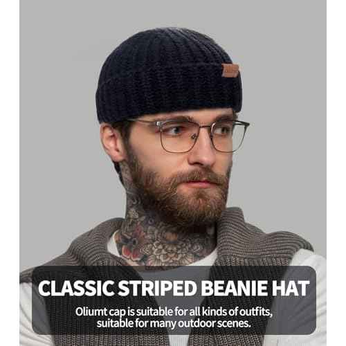 Fisherman Short Beanie Hats for Men, Knit Skull Cap Cuff Trawler Hat Mens Stylish Watch Cap Winter Warm Hat for Daily Wear