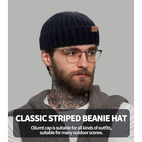 Fisherman Short Beanie Hats for Men, Knit Skull Cap Cuff Trawler Hat Mens Stylish Watch Cap Winter Warm Hat for Daily Wear
