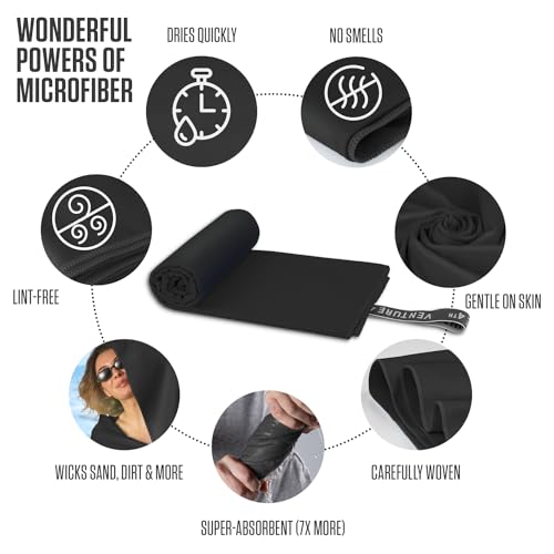 VENTURE 4TH Quick Dry Towel. Microfiber Travel Towel Ideal for Camping, Hiking, Backpacking, Gym. Lightweight & Fast Drying Travel Towels for Body. Compact & Easy to Pack - Black Medium