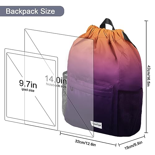 Water-Resistant Drawstring Gym Backpack with Mesh Pockets - Orange Purple