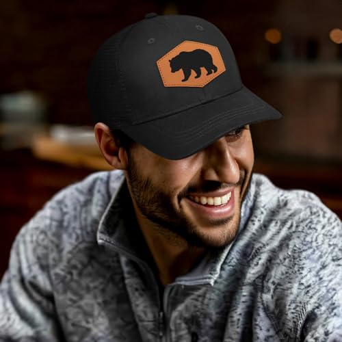 Bear Baseball Cap for Bear Lovers,Leather Trucker Hat Snapback Hat for Men Women Brown