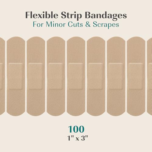 FEBU Bamboo Fabric Bandages | PFAS Free Flexible Fabric Bandages | Latex Free Bandage | Natural Hypoallergenic Bandage for Scrapes, Cuts & First Aid | 1in x 3in | 100 Count Pack