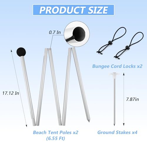 Lconvicely Beach Tent Poles Replacement - 6.56Ft Awning Poles with Ground Stakes for Tarp Canopy, Foldable Aluminum Alloy Tarp Poles for Camping, Parties, Fishing, and Hiking, 2-Pack