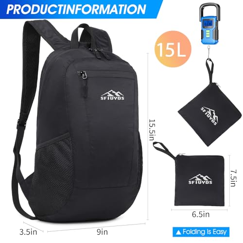 Lightweight Hiking Backpack Small,Waterproof Hiking Daypack,Foldable Backpack for Travel,Ultralight Daypack(Nylon, Black)