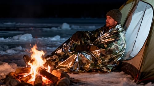 Emergency Survival Kit 4 Pieces - Camouflage Blankets & Orange Ponchos - Waterproof & Thermal Insulated Gear for Camping, Hiking, Disaster Preparedness - Variation 4