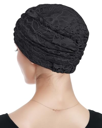 Women's Viscose Beanie Lace Turban Sleep Cap - Chemo Hat Black