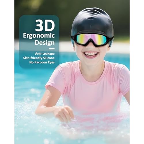Kids Swim Goggles, Anti-fog, UV Protection and Wide View Swimming Goggles & Swim Cap for Age 3-15 Boys Girls Toddler