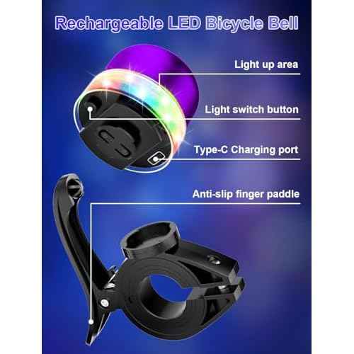 Bike Bell for Kids & Adults, Light up Bike Accessories Adjustable with Ferrules Fit for 0.74-1.25in(19-31.8mm) Bicycle Handlebars, Aluminum Made & Crisp Sound for Mountain Dirt Road Bike Ebike(Purple)