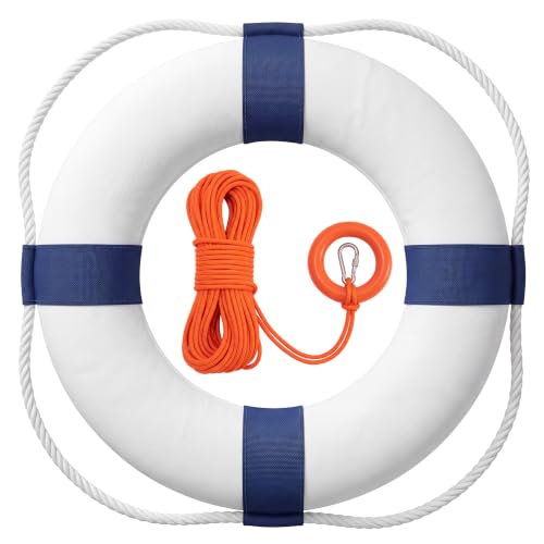 White-Blue 20 Inch Life Preserver Ring with 98.4ft Floating Rope - Pool & Boat Safety Float - Throwable Lifebuoy Set