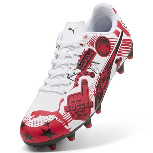Unisex Child Soccer Cleats with Artificial Ground Traction - Puma White-Red-Black, Pulisic Edition