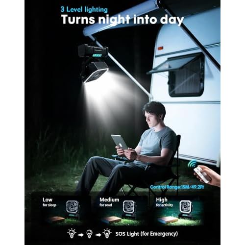 Camping Fan with Bluetooth Speaker Portable Fan,20000mAh Rechargeable Battery Powered Fans,Quiet 4-Speeds, 4-LED Light,360¡Æ Hanging Hook for Outdoor Picnic Tent Beach Travel Barbecue, Black