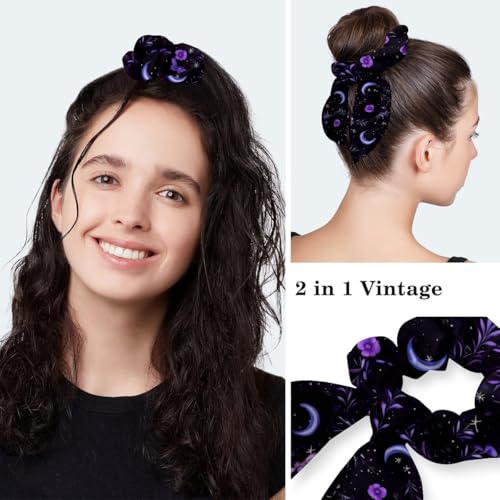 Scrub Caps Women, Surgical Caps with Buttons, Ponytail Nurse Hat, Bouffant Scrub Hats with Hair Scrunchy Adjustable, Moon Purple Floral Star Vintage Wildflower Pastorable