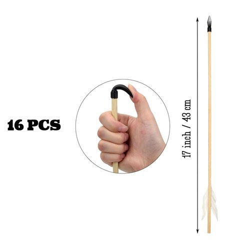 Basbon 16 Pcs Wooden Feather Arrows Soft Rubber Tips, 17 Inch Handmade Wooden Toy Arrow for Kids and Beginners, Archery Bows Outdoor Play Cosplay Costume Decoration