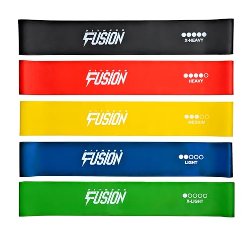 Fitness Fusion Resistance Loop Exercise Bands Set of 5 – Durable Bands with 5 Resistance Levels, Non-Slip Design, Comfortable on Skin, Includes Carry Bag – Home and Gym Workouts for Women and Men