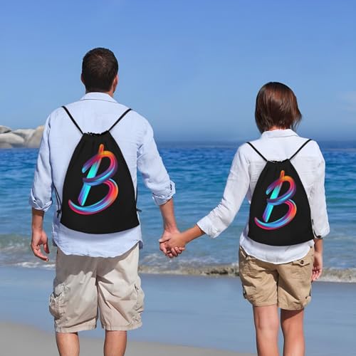 Black Drawstring Backpack with Rainbow Initial - M 19.6x16.5 Inch Sports Gym Travel Sackpack