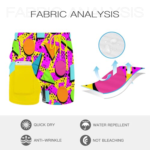 Men's Swim Trunks with Compression Liner - Large / 80s Memphis Style, 5.5 Inseam, Quick Dry Beach Shorts
