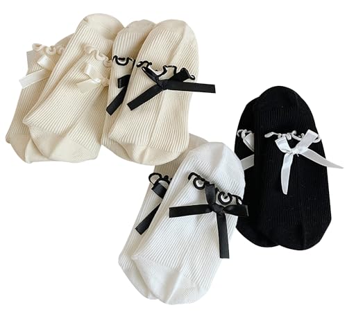 Women's Bow Socks Ruffle Crew Socks - Black & White, 4 Pairs, One Size