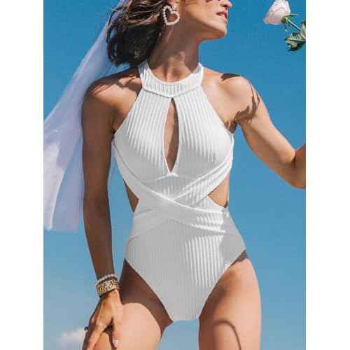CUPSHE Women's One Piece Swimsuit High Neck Cutout Ribbed Texture Back Hook Hollow Wrapped