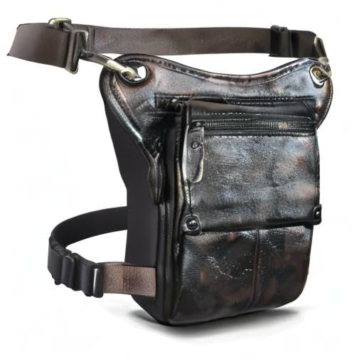 Le'aokuu Mens Womens Leather Tactical Motorcycle Outdoor Travel Waist Pack Drop Leg Thigh Hip Bum Bag With Strap 211-4 (Coffee and Black)