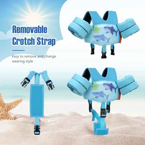 MoKo 13-20-30lbs Toddler Floaties Arm Floaties, Toddler Swim Vest Cartoon Swim Arm Band for Kids with Crotch Strap Pool Float Vests Sleeves Shoulder Straps Learn to Swim, Lignt Blue & Double Shark