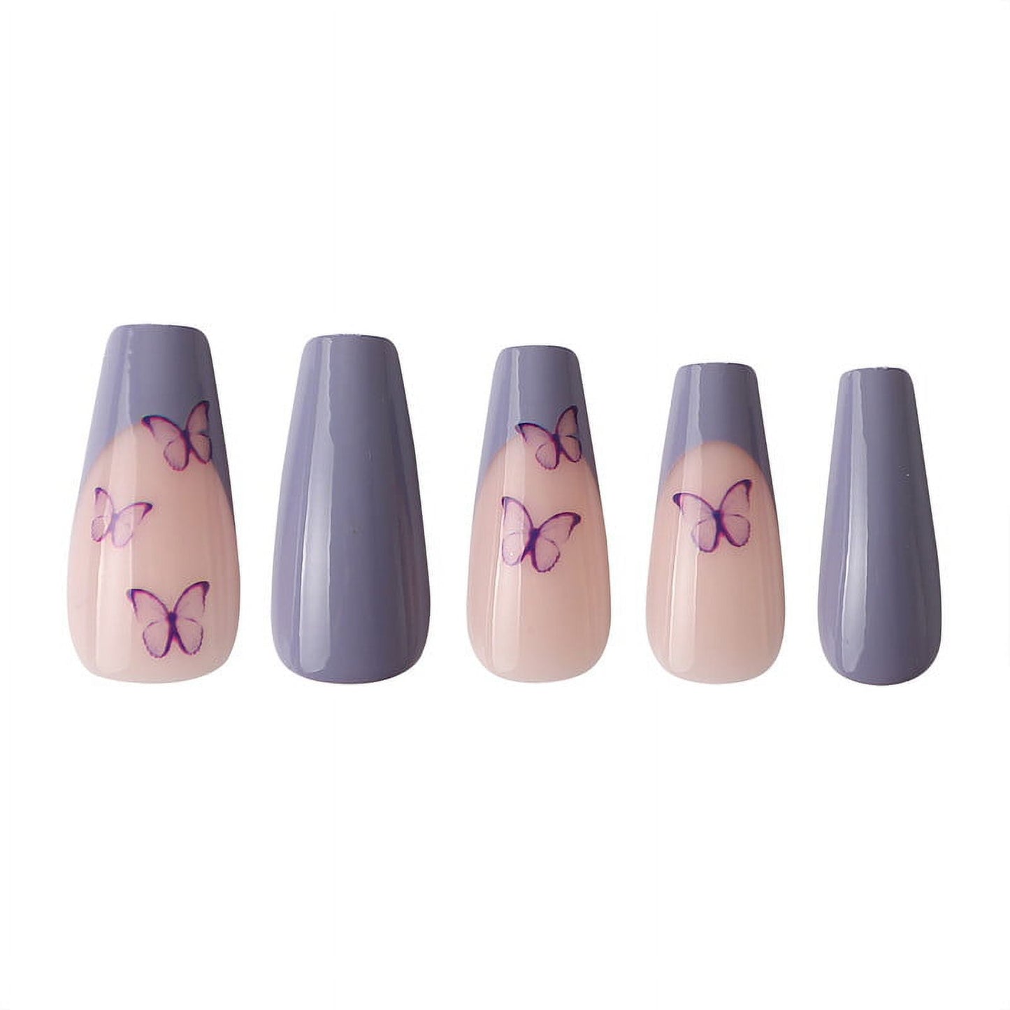 PaintLab 30-Count Reusable Gel Press-On Nails | Purple Lavender Butterfly Coffin Shape