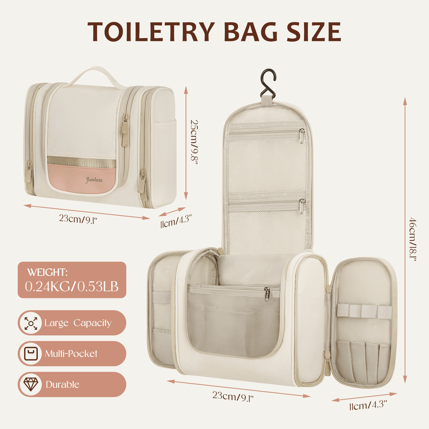 Portable Beige Travel Toiletry Bag | Large Capacity Makeup Case with Hook