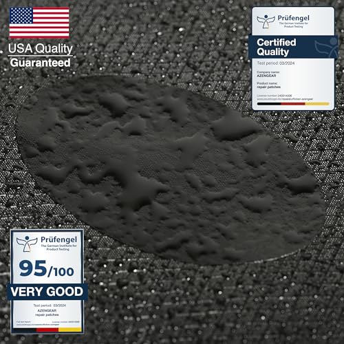 aZengear Repair Patches - Waterproof, Self-Adhesive, Tear-Cold-Heat-Resistant Polyester Fabric to Fix Down Jacket, Puffer, Snowsuit, Shoe, Tent, PVC, Clothing, Upholstery (Black)