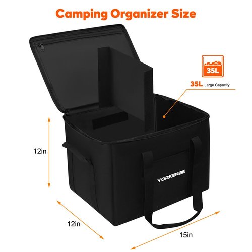 Yorkenbe 35L Camping Organizer, 1680D Heavy Duty Waterproof Camping Storage for Cooking Utensils and Cookware, with Hard Bottom and Zippered Lid for RV, Hiking