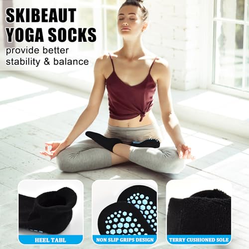 Unisex Yoga & Pilates Non-Slip Grip Socks 6 Pairs Black - Size 8-10, Cushion Sole